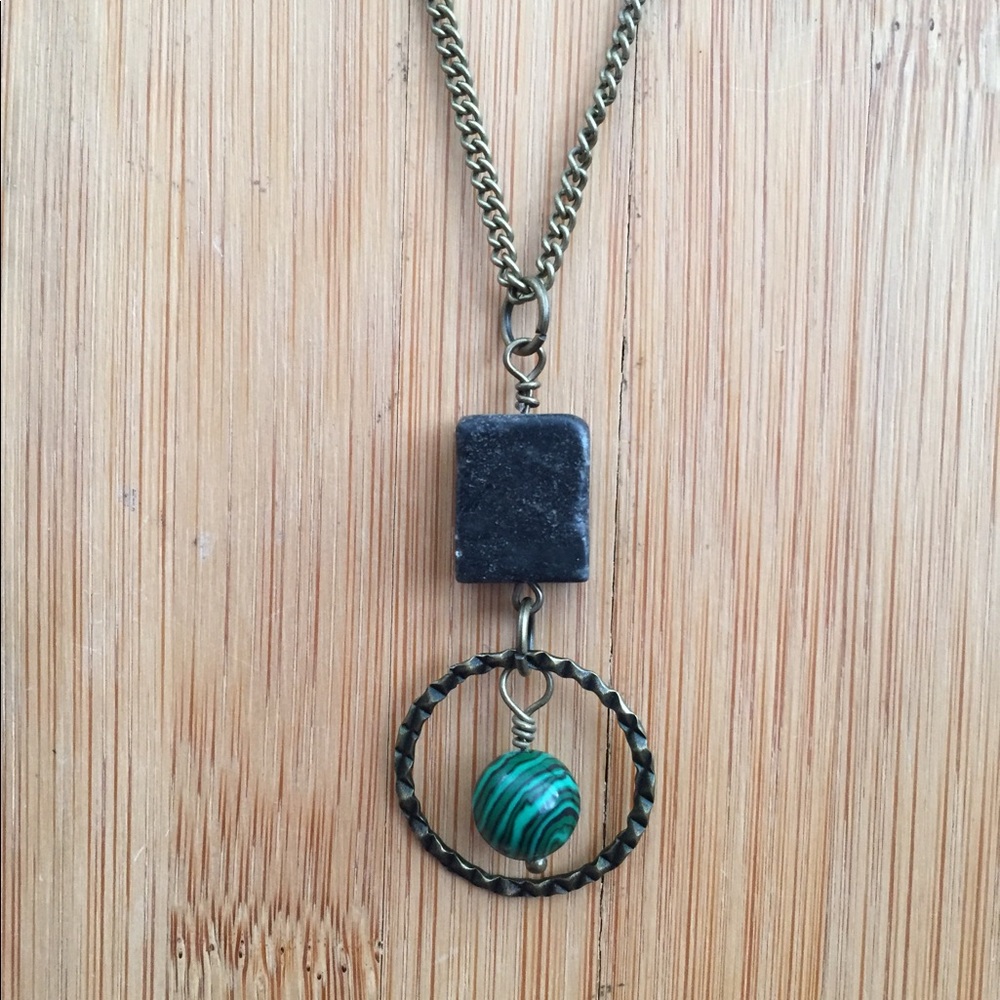 Black stone and green striped stone necklace